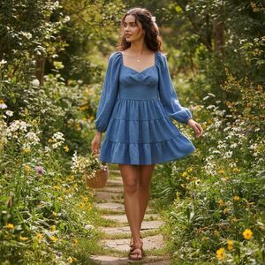 Altar’d State Blue Eyelet Tie Front Mini Dress Boho Long Sleeve Tiered XL
